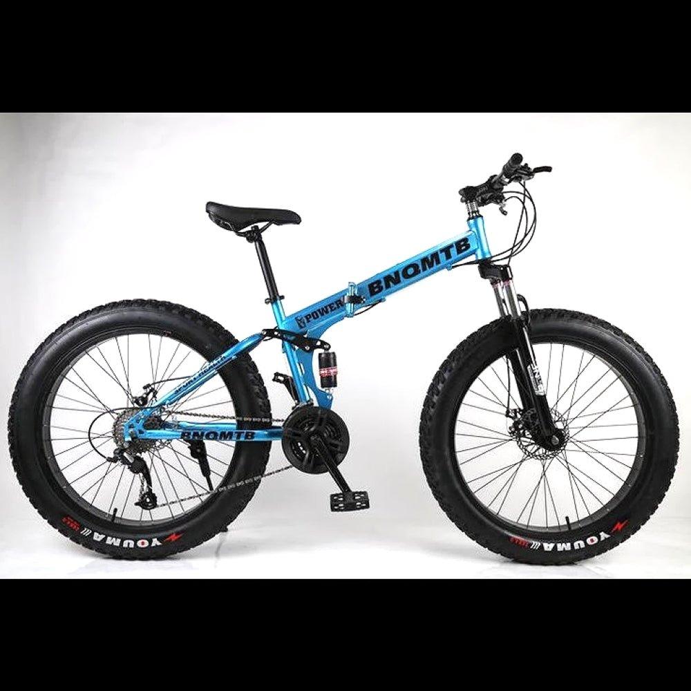 Blue Folding 26 Inch 21 Speed Double Shock Absorption Fat Tyre Mountain Bike - Skateboard Australia 